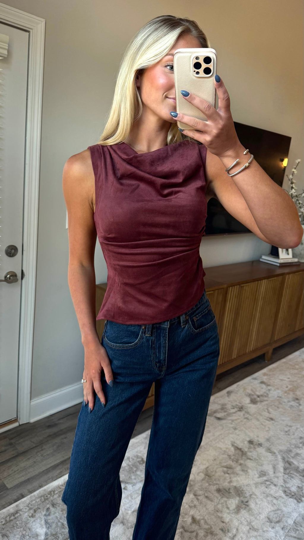 Suede Cowl Neck Top - Wine