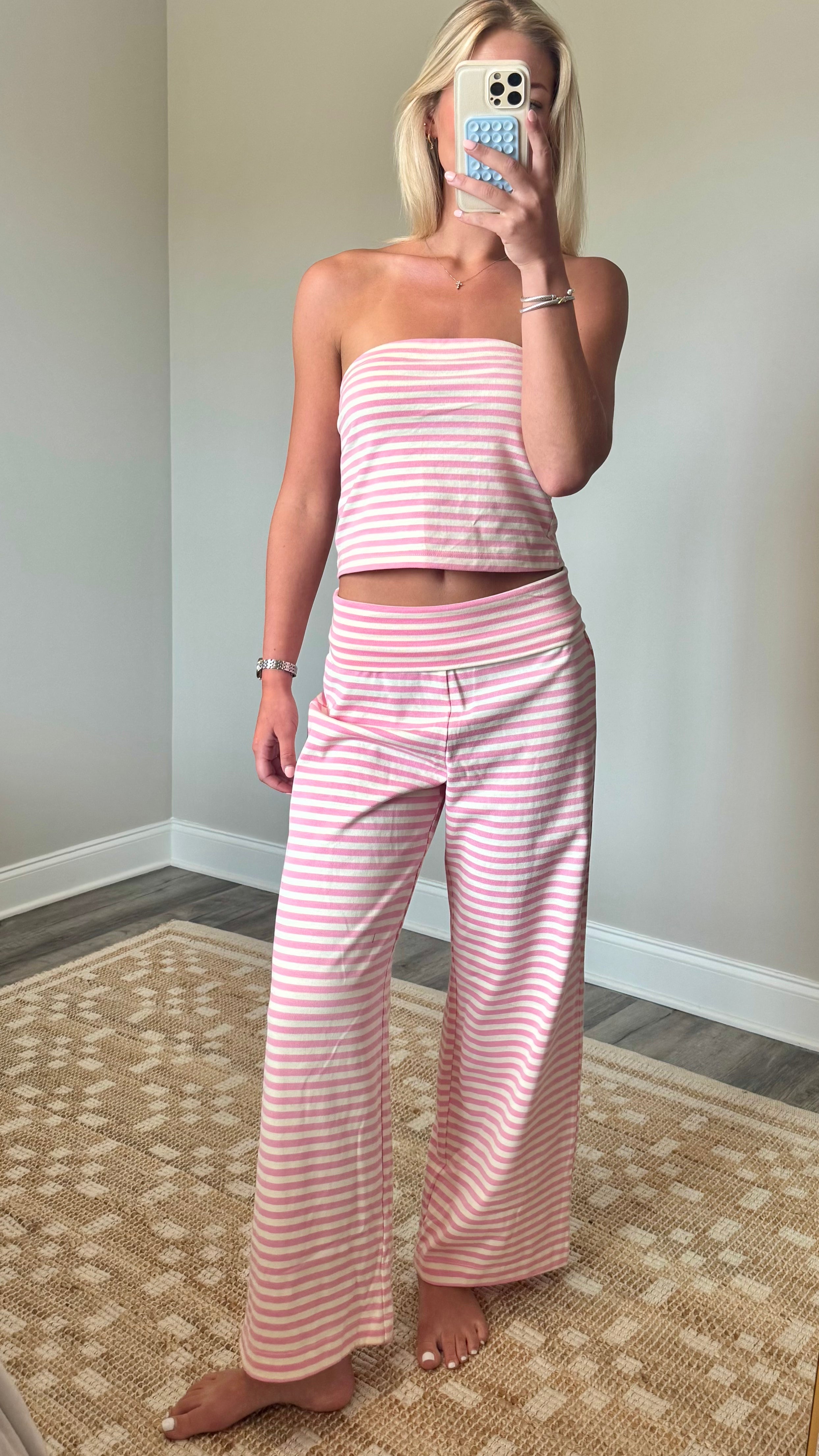 Foldover Pant Set - Pink Stripe