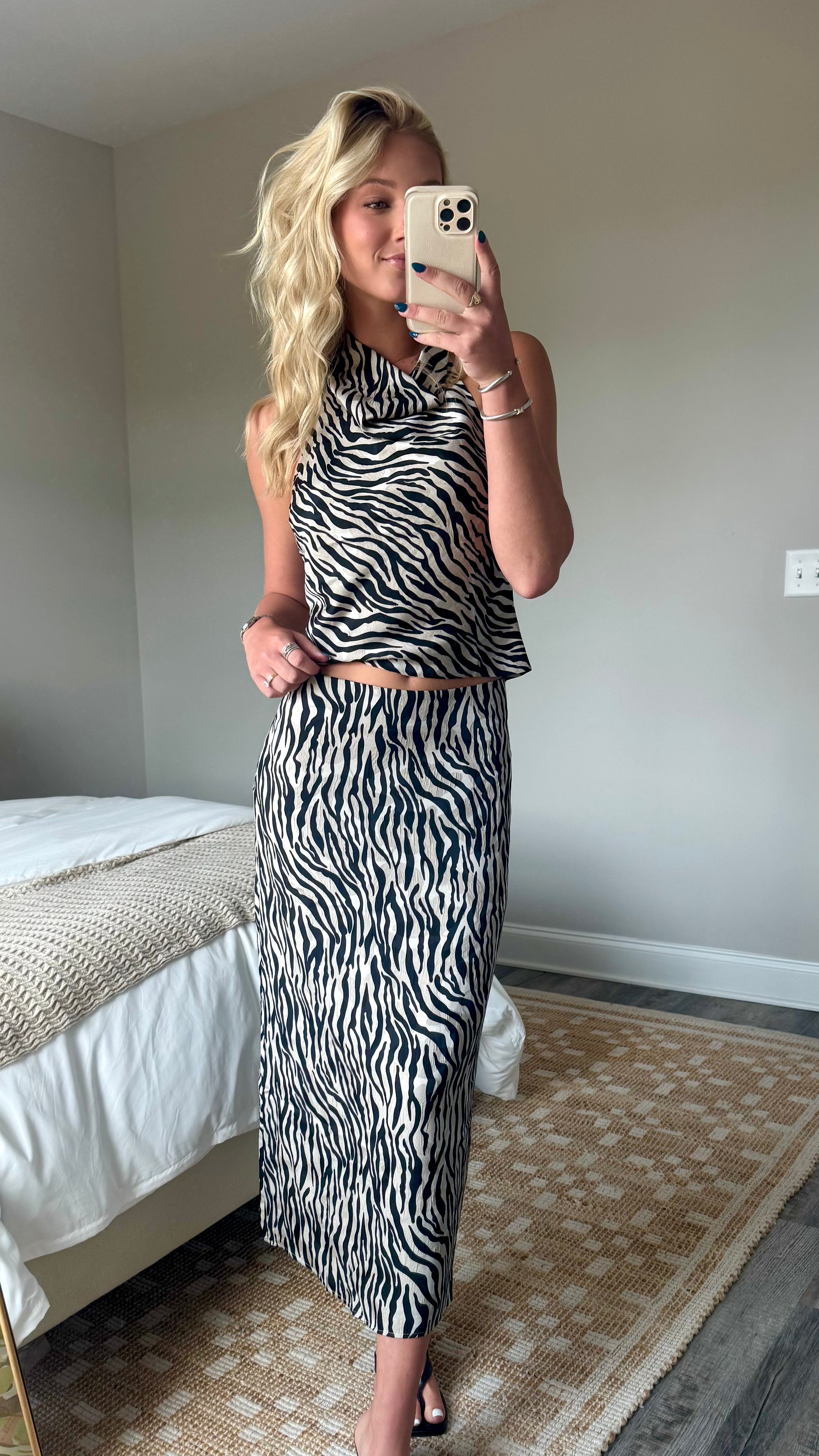 Zebra Cowl Halter Top Skirt Set
