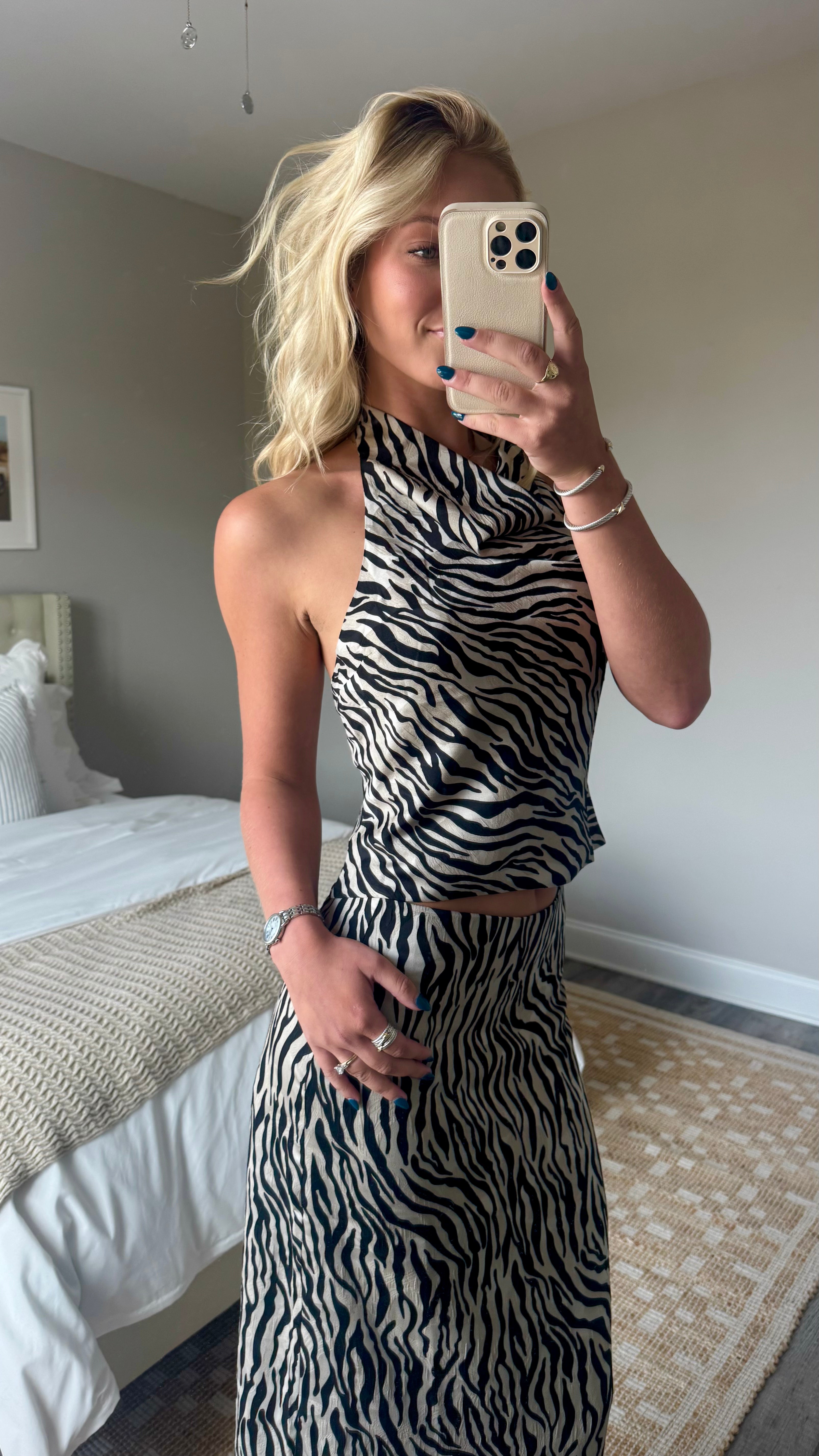 Zebra Cowl Halter Top Skirt Set