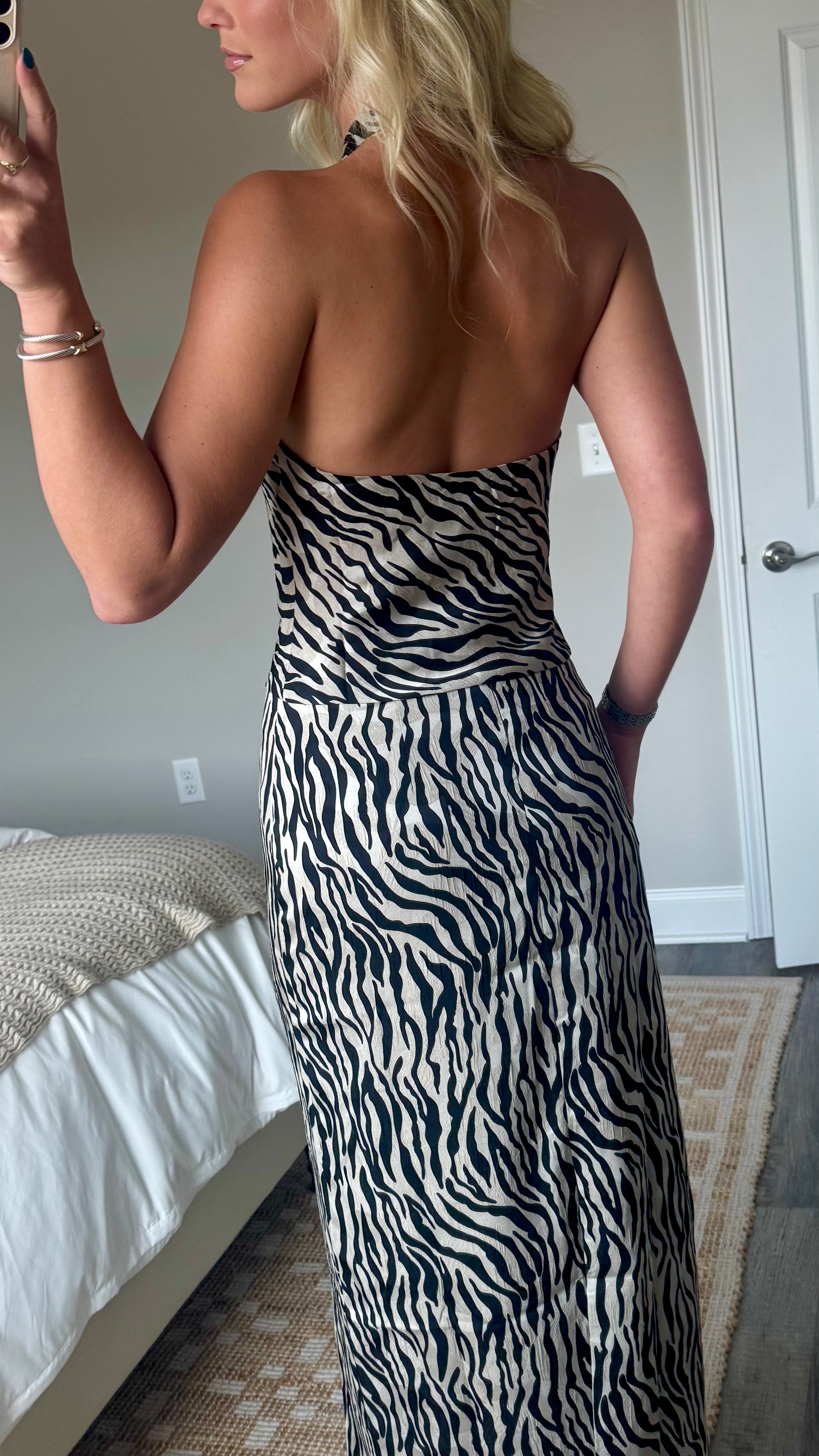 Zebra Cowl Halter Top Skirt Set
