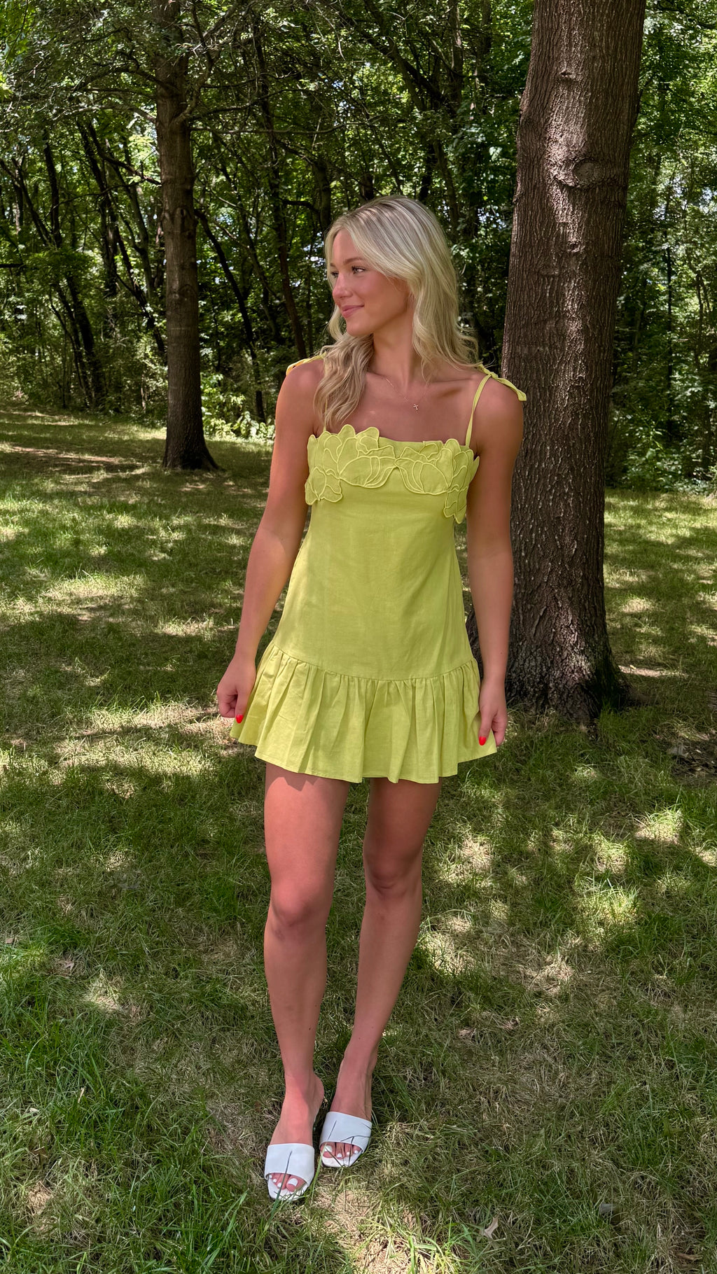 Chartreuse Embroidered Bow Mini Dress