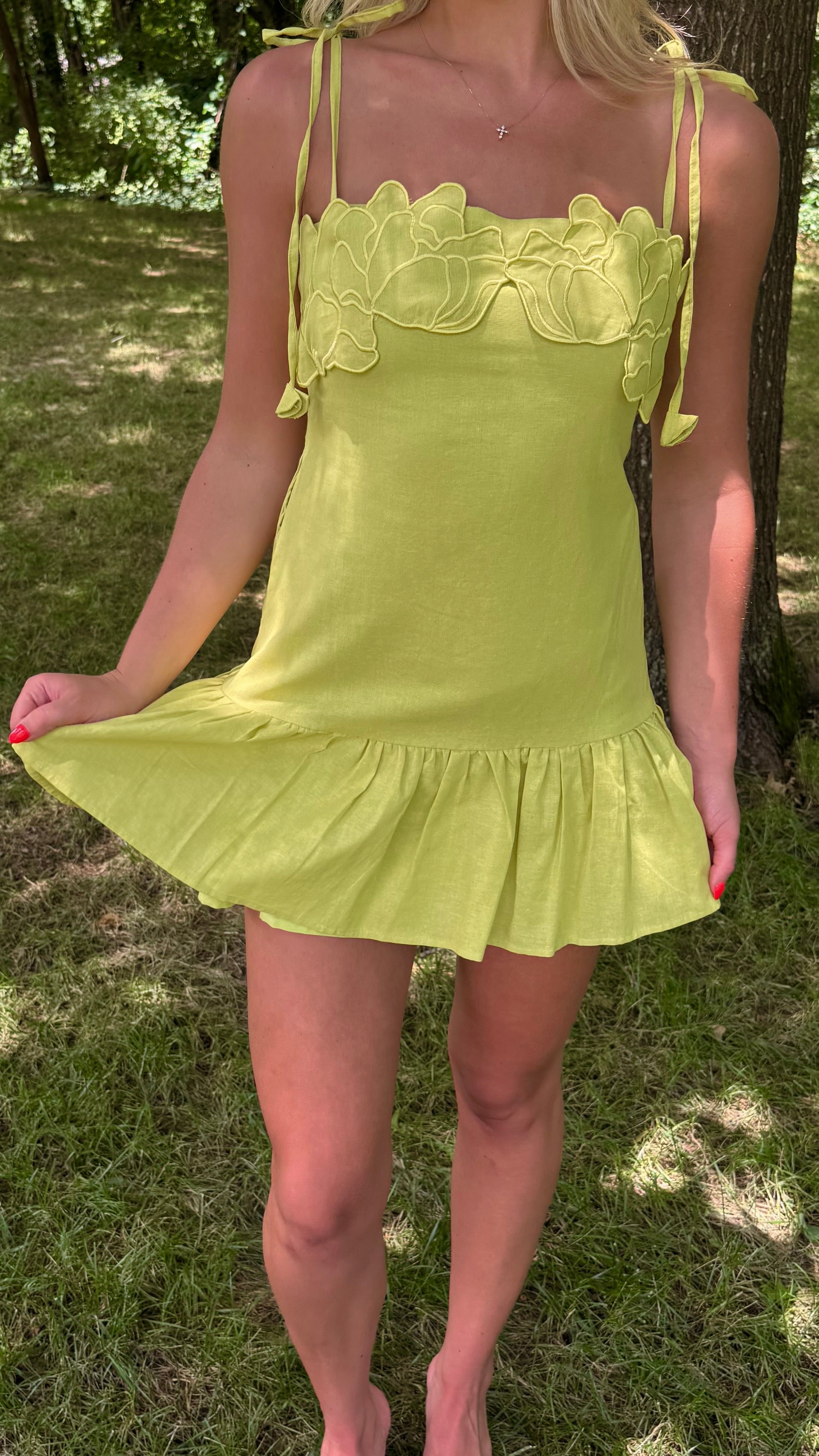 Chartreuse Embroidered Bow Mini Dress